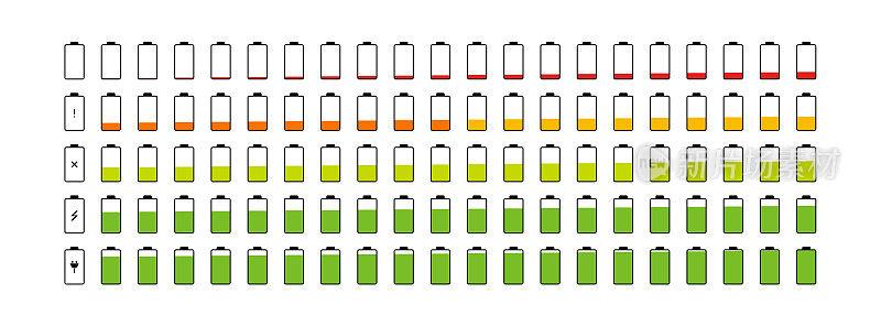 Battery accumulator set, more 100 icon in flat style. Vector sign battery level on smartphone